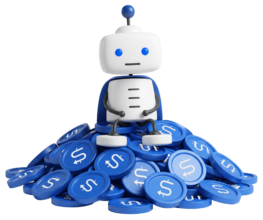 mascot sitting on coins